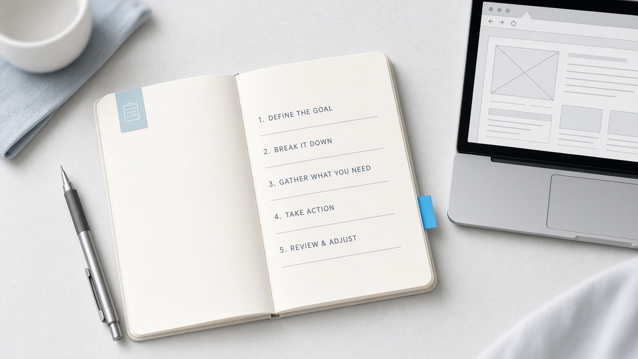 Desk with checklist notebook and laptop wireframe — SearchHow how-to mood